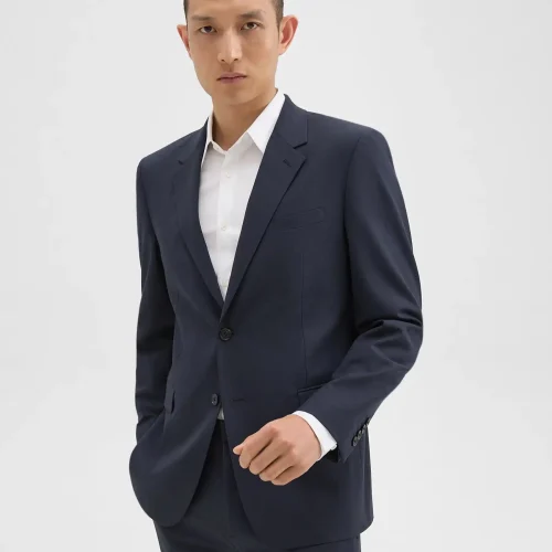 Chambers Blazer in Navy Stretch Wool for Men, showcasing a sleek design and refined fit.