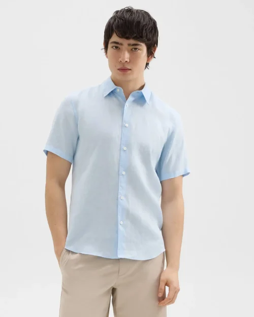 Men's Irving Short-Sleeve Shirt in Skylight Linen with point collar and button-front closure.