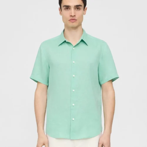 Men's Irving Short-Sleeve Shirt in Celadon Relaxed Linen with Point Collar and Button-Front Closure