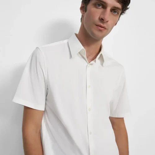 White Irving Short-Sleeve Shirt for Men with Point Collar and Button-Front Closure