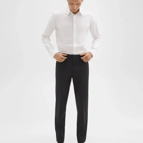 Men's Navy Mayer Pant in Stretch Wool featuring a slim straight leg design and pressed creases.