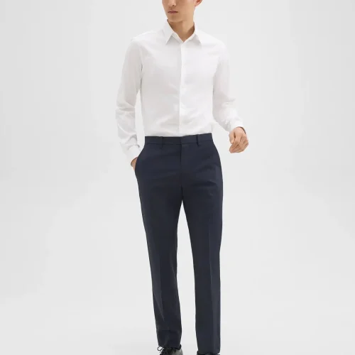 Men's Navy Mayer Pant in Stretch Wool featuring a slim straight leg design and pressed creases.