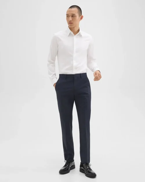 Men's Navy Mayer Pant in Stretch Wool featuring a slim straight leg design and pressed creases.