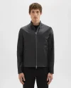 Morvek Zip Jacket in black leather for men, featuring a classic collar and two-way zip closure.