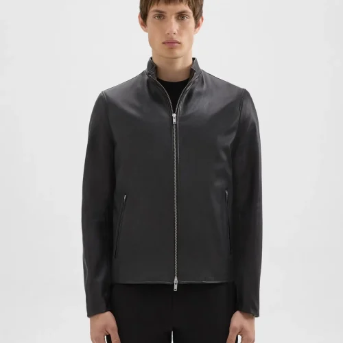 Morvek Zip Jacket in black leather for men, featuring a classic collar and two-way zip closure.