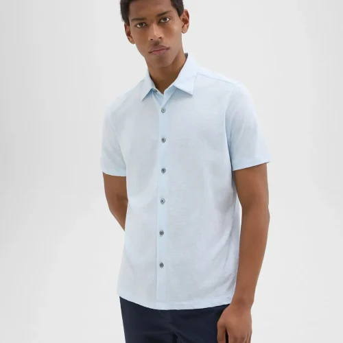 Noran Short-Sleeve Shirt in Skylight, showcasing its point collar and lightweight slub cotton design for men.