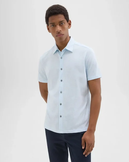 Noran Short-Sleeve Shirt in Skylight, showcasing its point collar and lightweight slub cotton design for men.