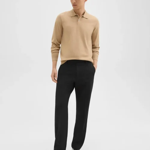 Men's black wool-blend twill straight pant with sleek slip pockets and tailored fit.