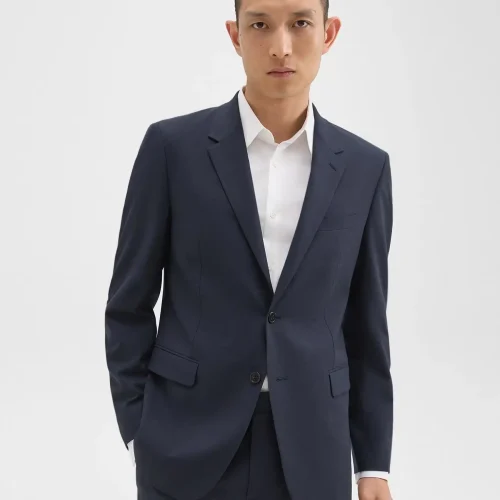 Navy Chambers Blazer in Stretch Wool for Men featuring notch lapels and flap pockets.