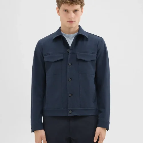 Men's River Trucker Jacket in dark navy, made with breathable Neoteric twill for style and comfort.