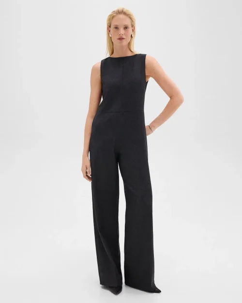 Relaxed Sleeveless Jumpsuit in Stretch Flannel