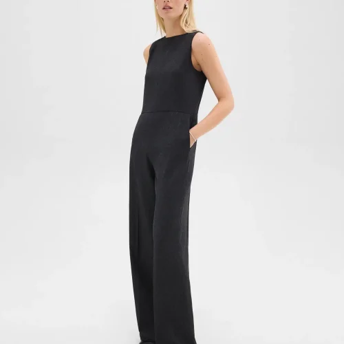 Relaxed Sleeveless Jumpsuit in Stretch Flannel