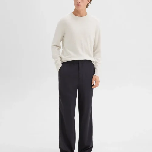 Men's wide-leg drawstring pant in dark navy stretch flannel with mid-rise and straight-leg fit.