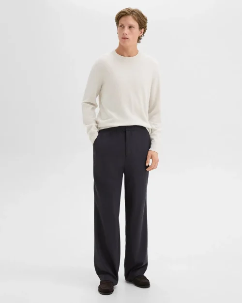 Men's wide-leg drawstring pant in dark navy stretch flannel with mid-rise and straight-leg fit.