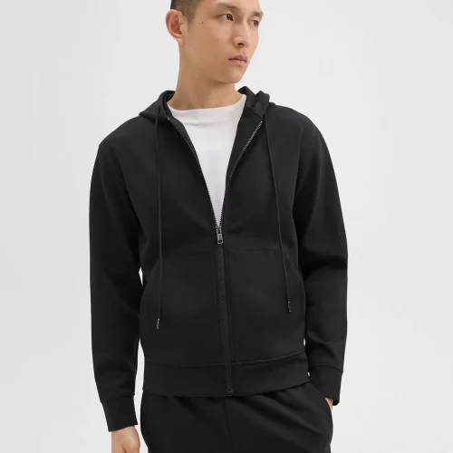 Black zip-up hoodie in scuba style for men, featuring a modern fit and comfortable design.