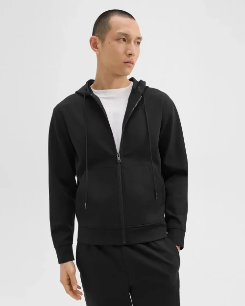 Black zip-up hoodie in scuba style for men, featuring a modern fit and comfortable design.